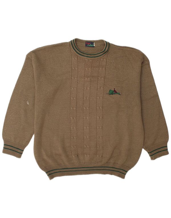 vintage Mens Crew Neck Jumper Pull XL Kaki Rayé