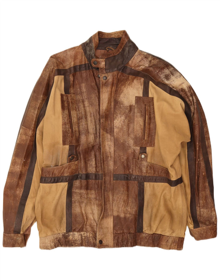 veste en cuir homme vintage UK 44 2XL Patchwork marron