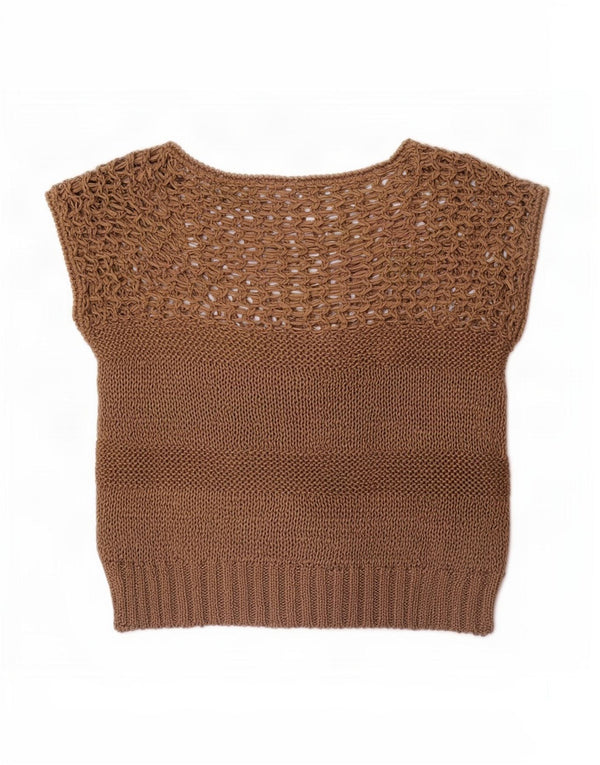 vintage Femmes Manches Courtes Bateau Cou Jumper Pull UK 10 Petit Brun