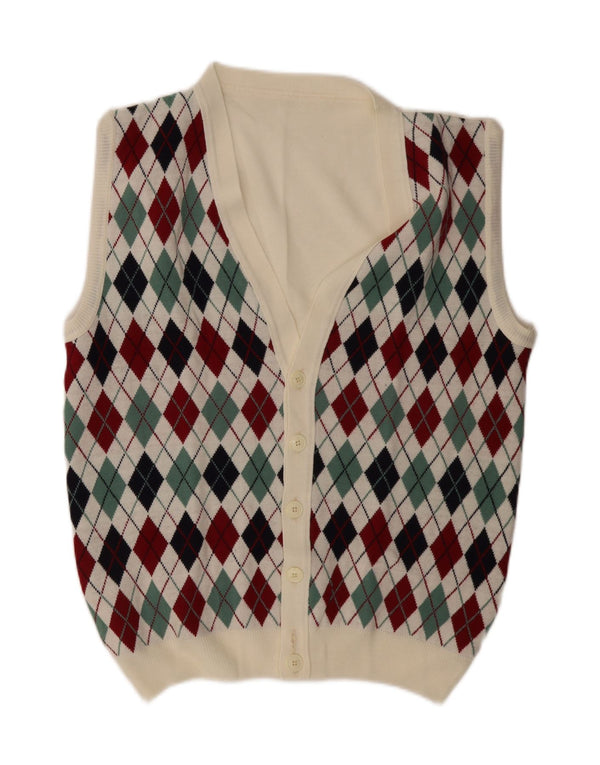 vintage Mens Cardigan sans manches Pull Grand Blanc Argyle/Diamant
