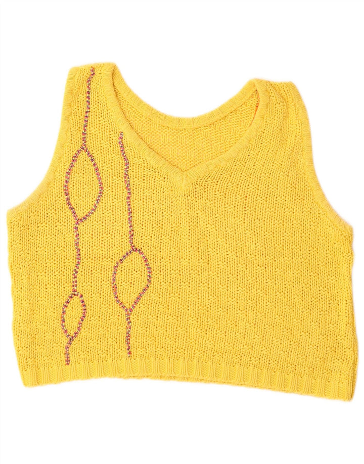 VINTAGE Femmes Motif Abstrait Crop Vest Débardeur UK 12 Jaune Moyen