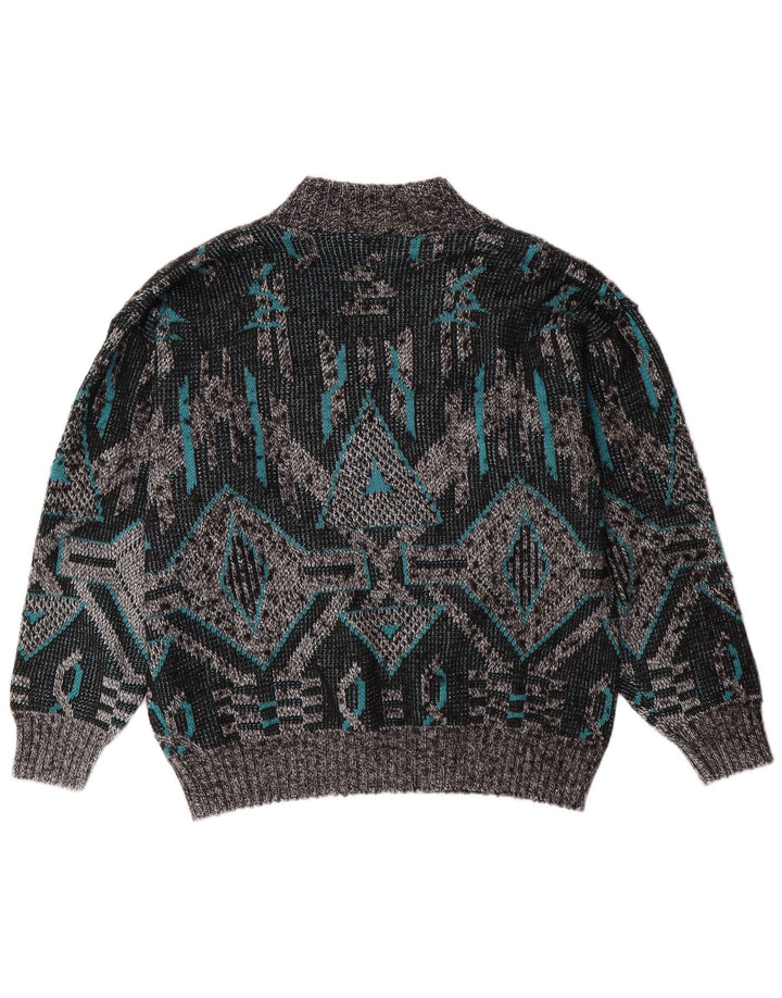 VINTAGE Pull col V homme grand gris géométrique