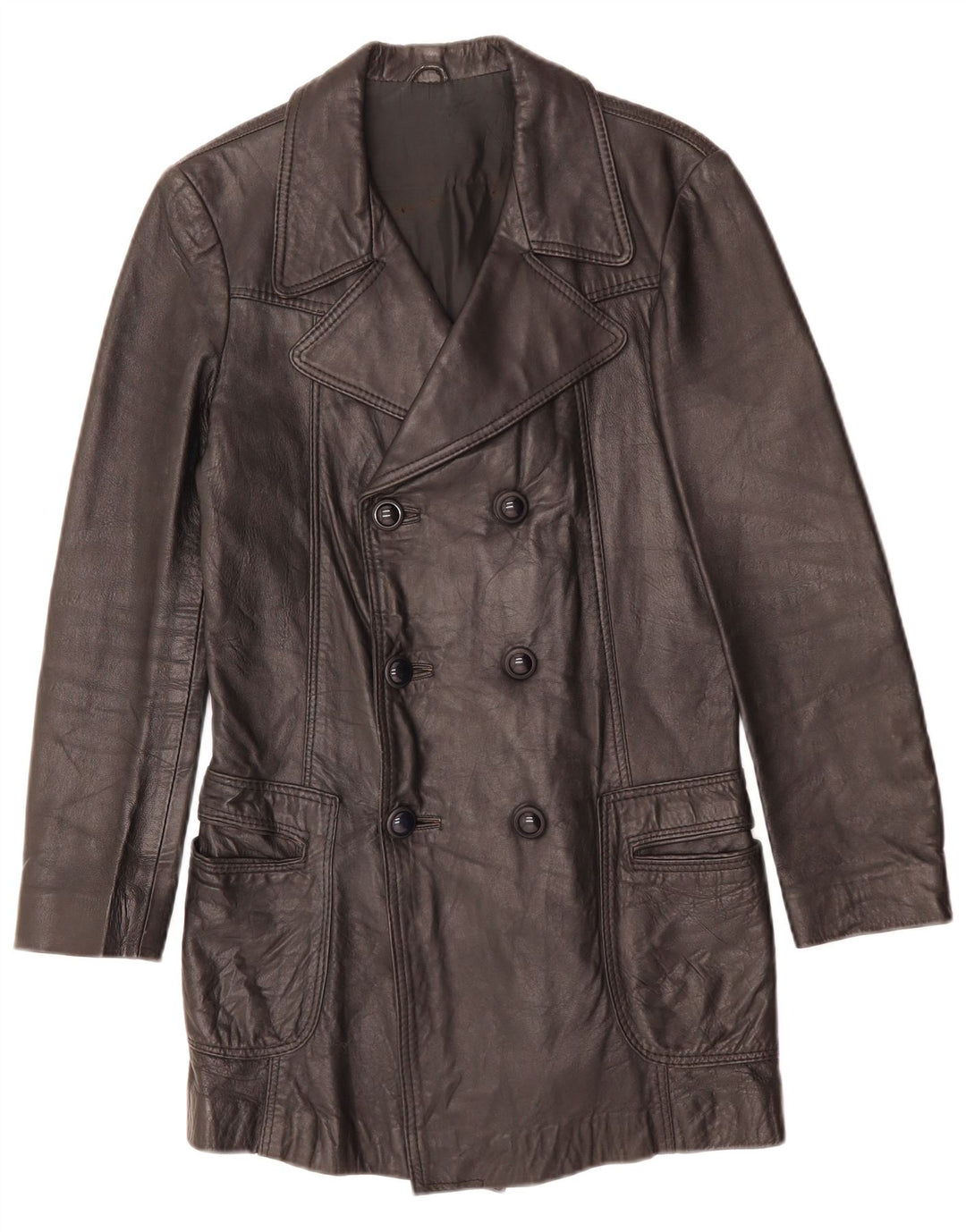 VINTAGE Manteau en cuir double boutonnage pour homme UK 10 Petit Noir