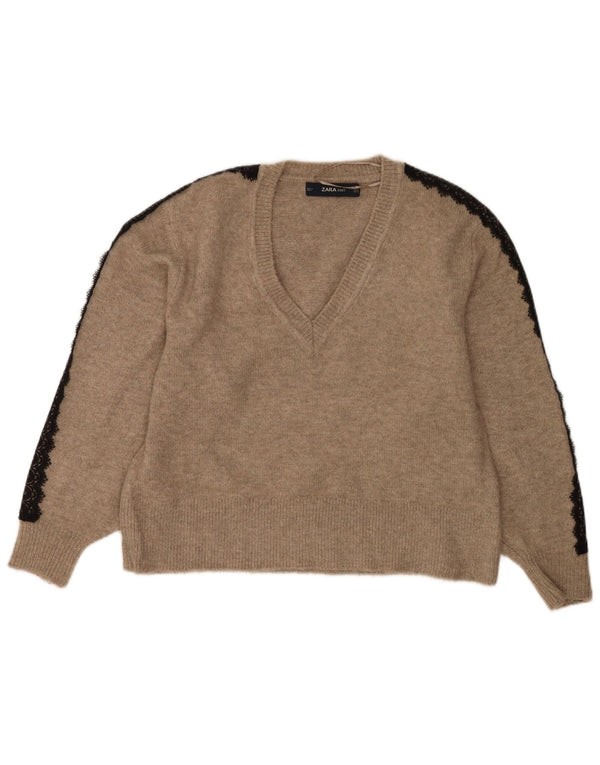Zara Pull surdimensionné à col en V pour femme UK 10 Petit Acrylique Beige