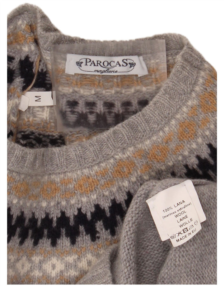 vintage Womens Boat Neck Jumper Pull UK 12 Moyen Gris Fair Isle Wool