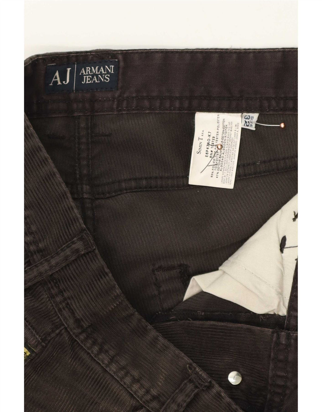 Armani Pantalon droit en velours côtelé pour homme W32 L34 Marron Polyester