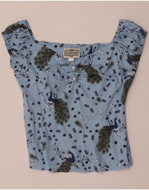 Collectif Womens Crop Blouse Top UK 44 Bleu Moyen Imprimé Animal Coton