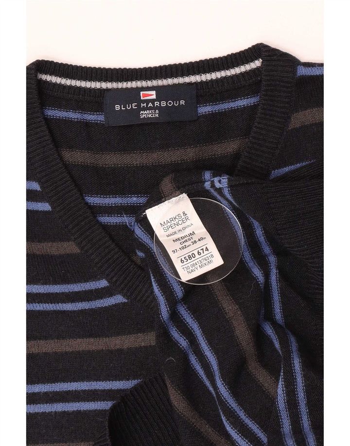 Marks & Spencer Pull col V pour homme en acrylique rayé bleu marine moyen