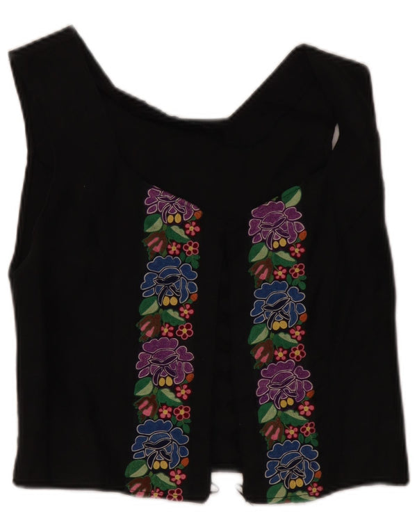 vintage Femmes Crop Sans Manches Cardigan Top UK 8 Petit Noir Floral