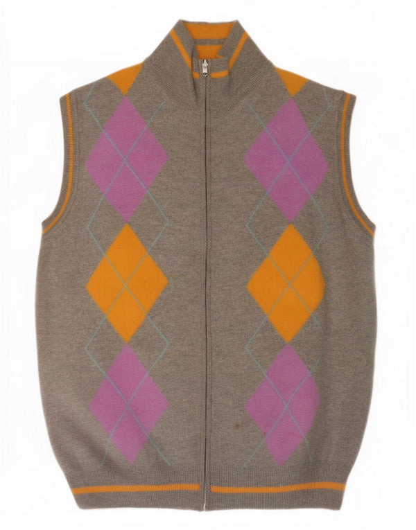 vintage Mens Cardigan sans manches Pull Grand Gris Argyle/Diamant
