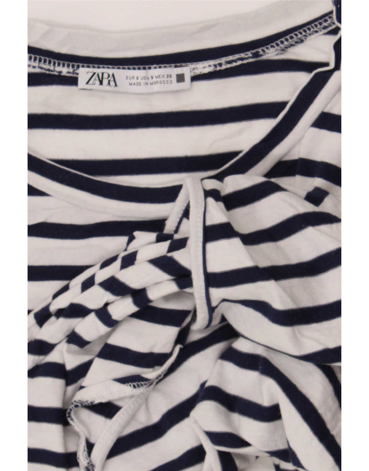Zara Womens Crop Front Tie Blouse Top UK 10 Petit Bleu Marine Rayé