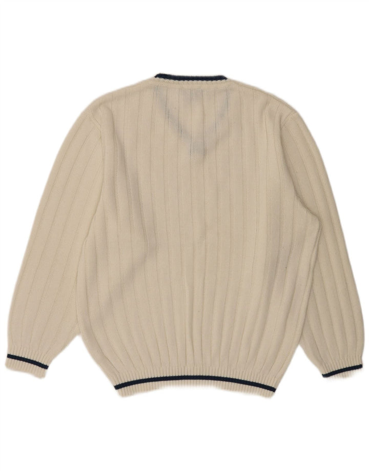 VINTAGE Pull col V pour homme UK 40/42 Polyacrylique blanc moyen