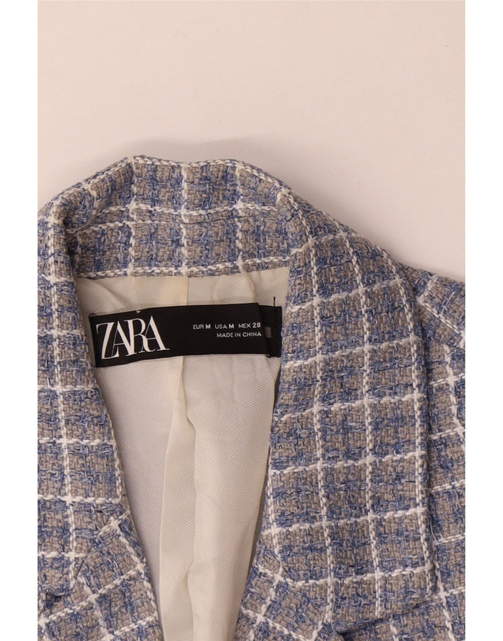 Zara Veste blazer courte à double boutonnage pour femme UK 14 Bleu moyen à carreaux