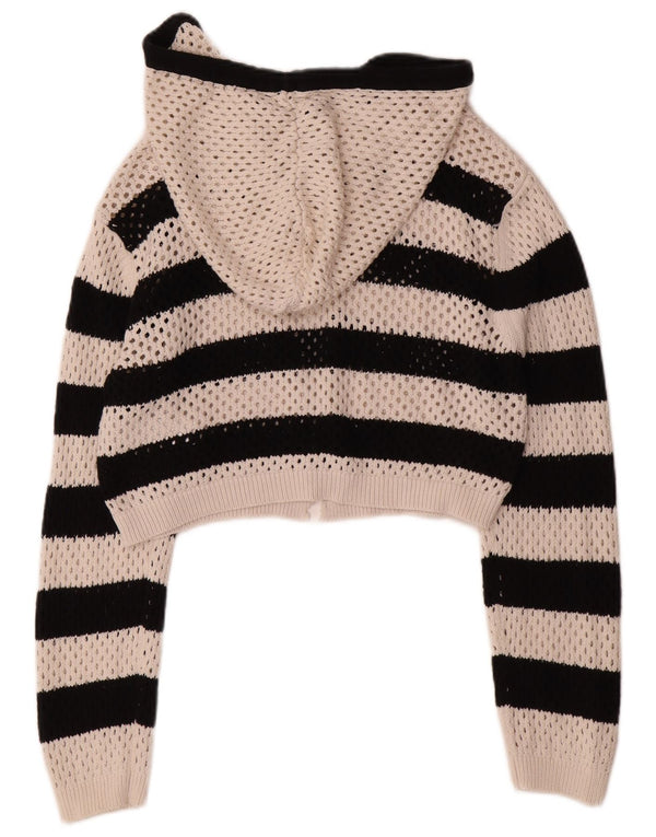 Zara Womens Crop Cardigan à capuche Pull UK 14 Grand coton rayé blanc