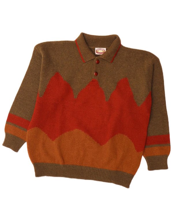 vintage Mens Polo Neck Jumper Pull Grande Brun Colorblock Alpaga Laine