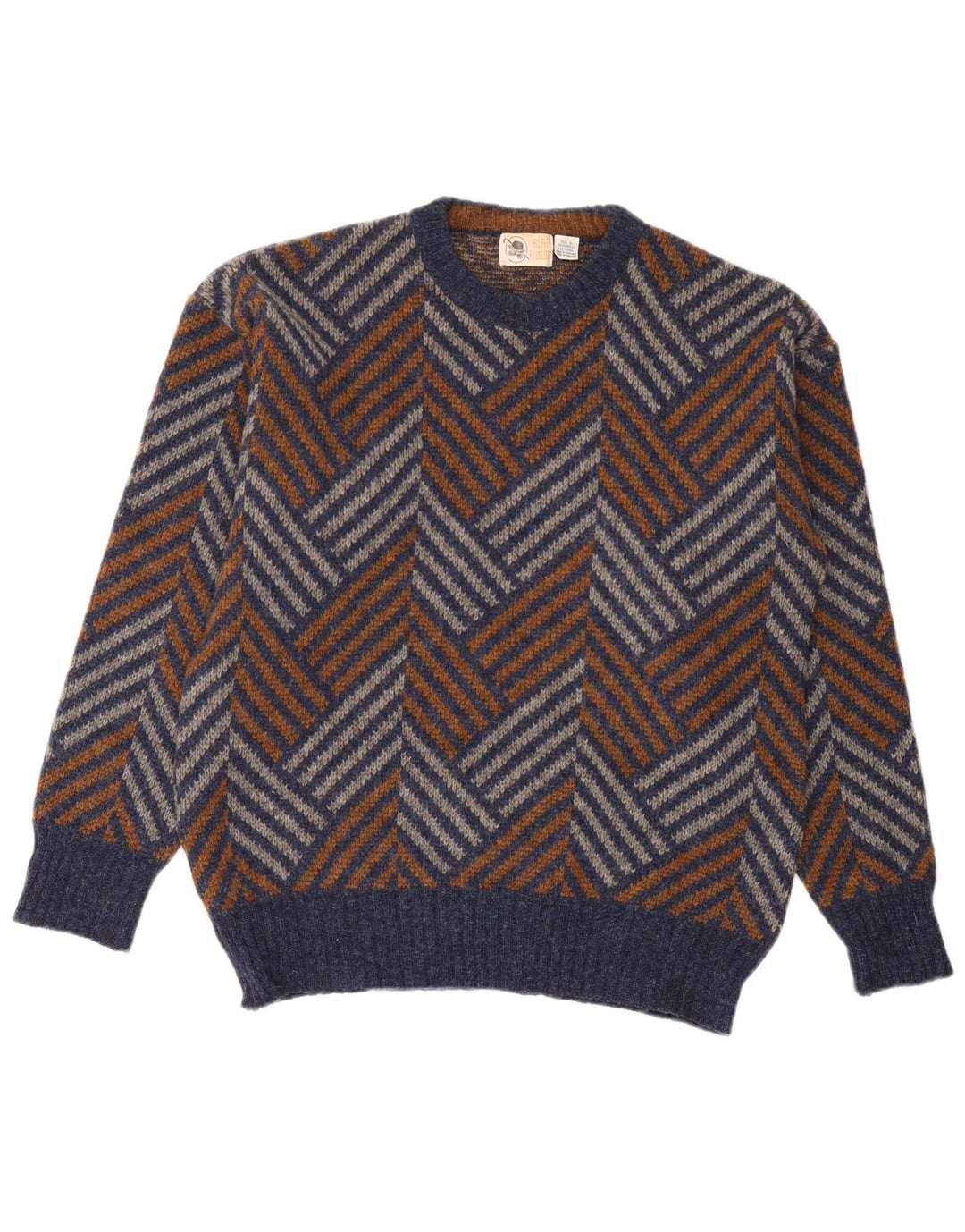 vintage Mens Crew Neck Jumper Pull Grande laine Chevron multicolore