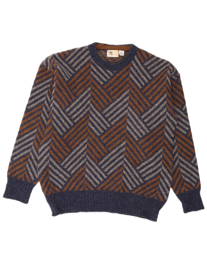 vintage Mens Crew Neck Jumper Pull Grande laine Chevron multicolore