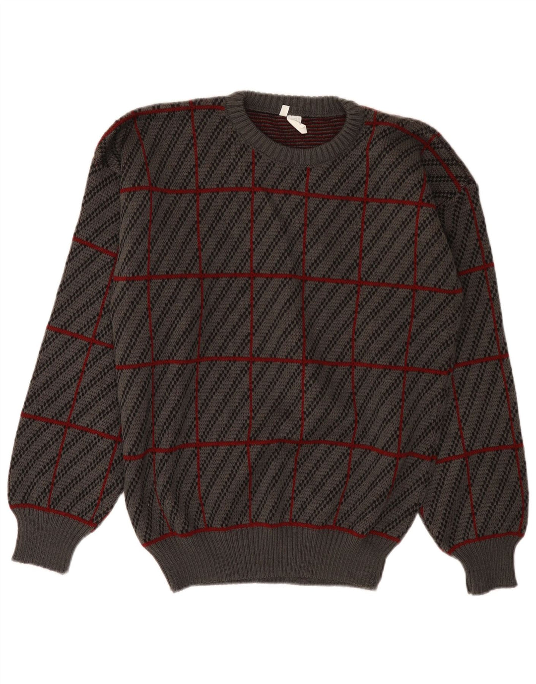 vintage Mens Crew Neck Jumper Sweater IT 50 Moyen Gris Plaid Acrylique