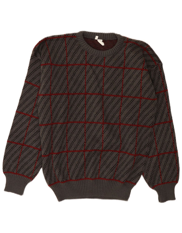 vintage Mens Crew Neck Jumper Sweater IT 50 Moyen Gris Plaid Acrylique