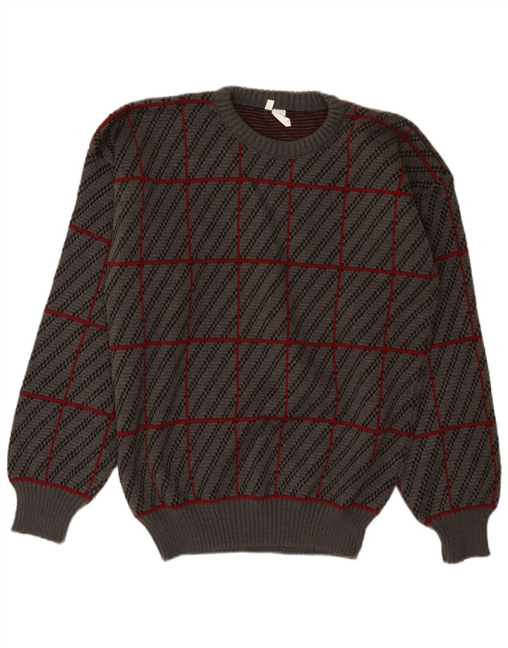 vintage Mens Crew Neck Jumper Sweater IT 50 Moyen Gris Plaid Acrylique