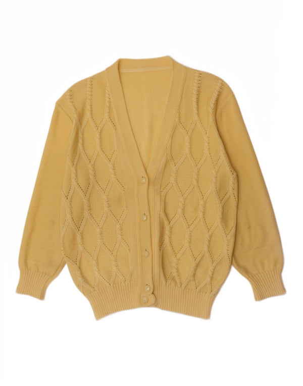 vintage Femme Cardigan Pull UK 14 Moyen Jaune Argyle/Diamant Acrylique