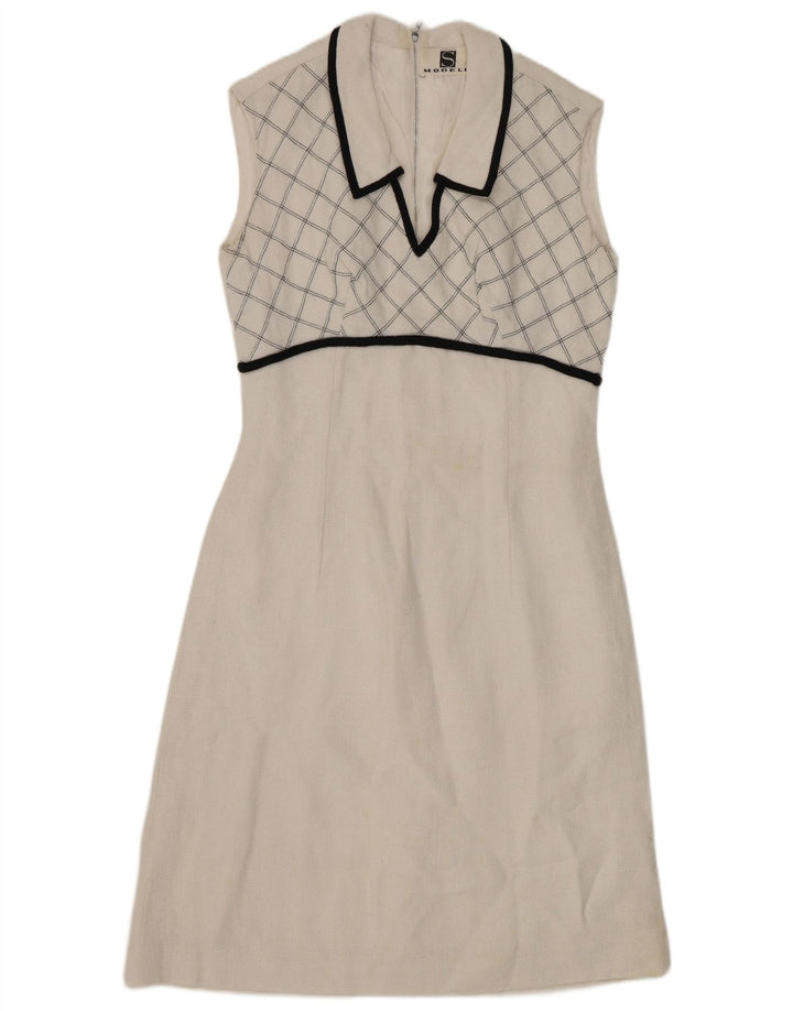 VINTAGE Robe trapèze sans manches pour femme UK 8 Petits carreaux blancs