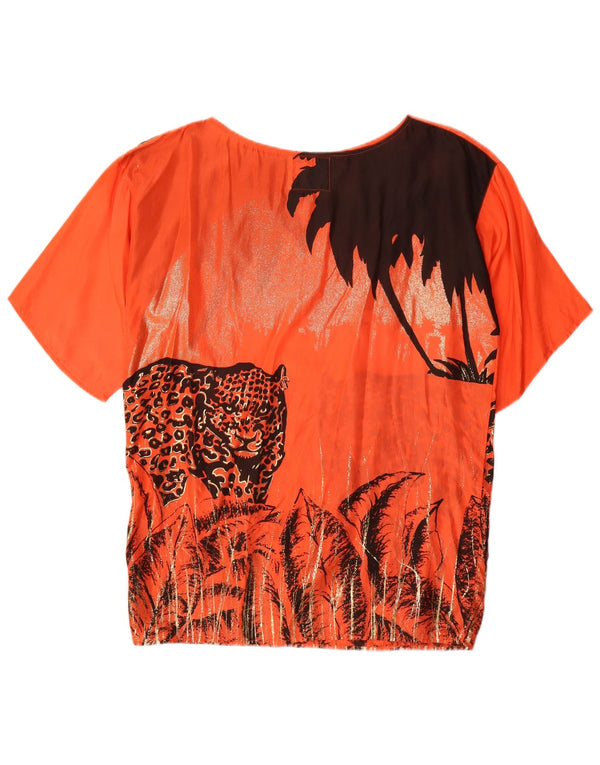 vintage Femmes Graphique Surdimensionné Blouse Top UK 10 Petite Soie Orange