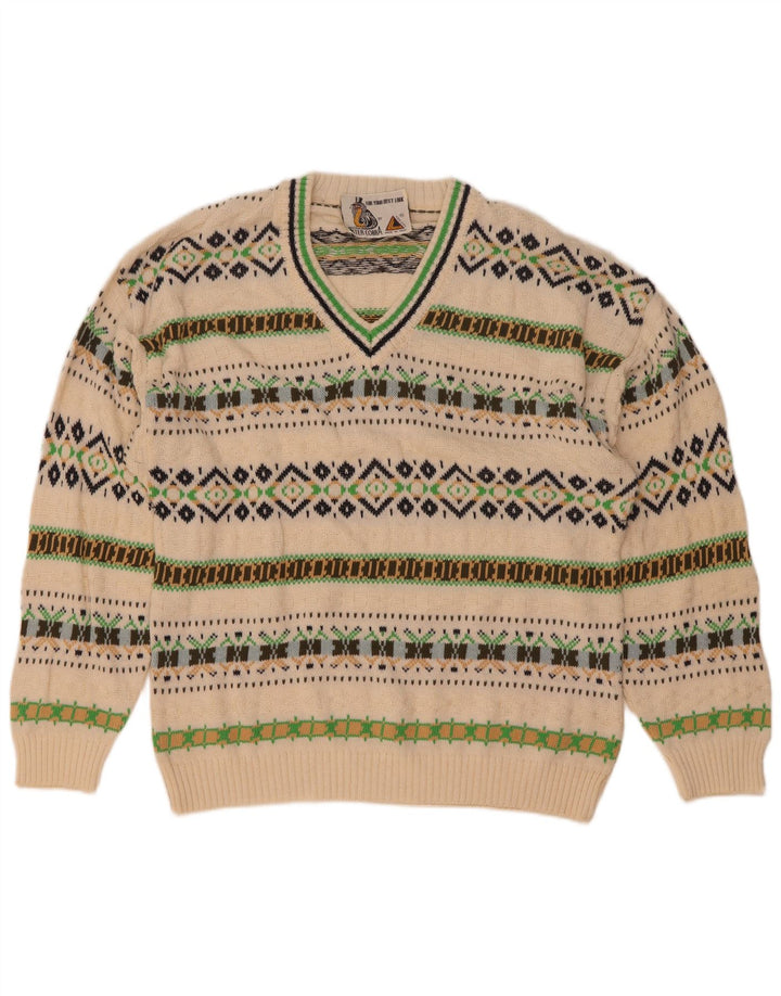 vintage Mens V-Col Jumper Pull Moyen Blanc Géométrique Coton