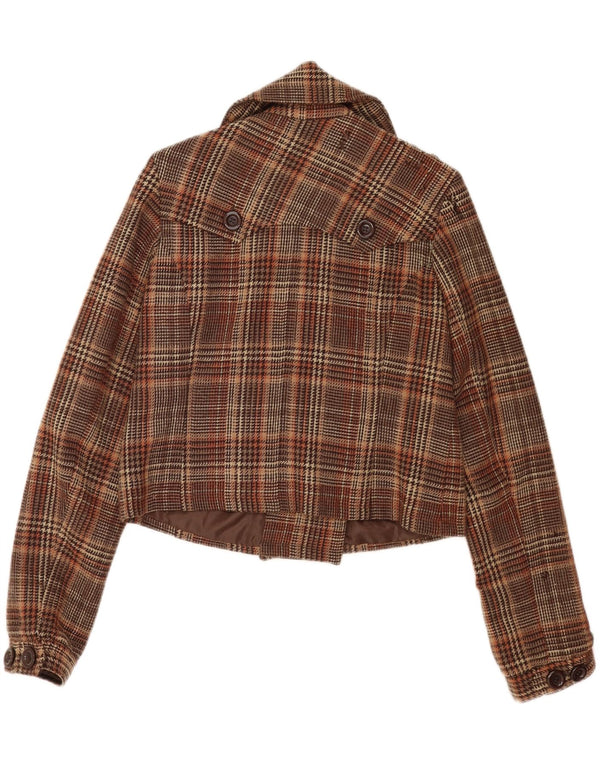 vintage Womens Crop Pea Coat UK 16 Grande laine à carreaux bruns
