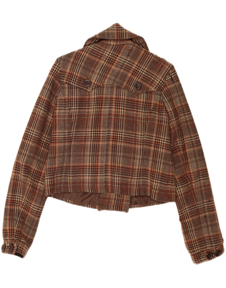 vintage Womens Crop Pea Coat UK 16 Grande laine à carreaux bruns