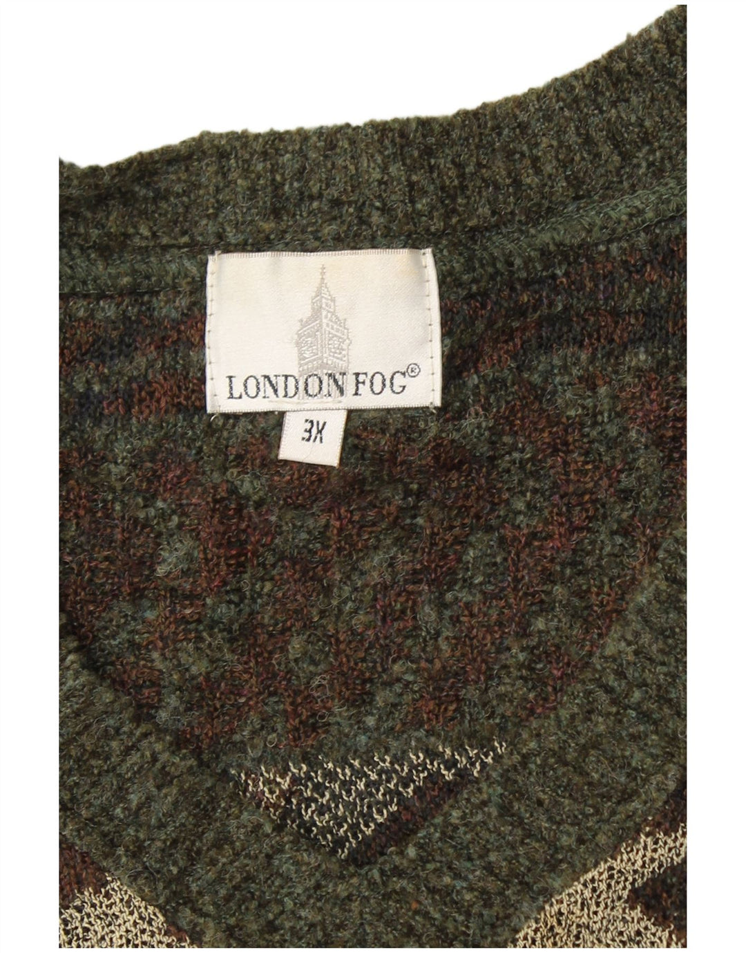 LONDON FOG Pull col V pour Homme 3XL Kaki Fair Isle