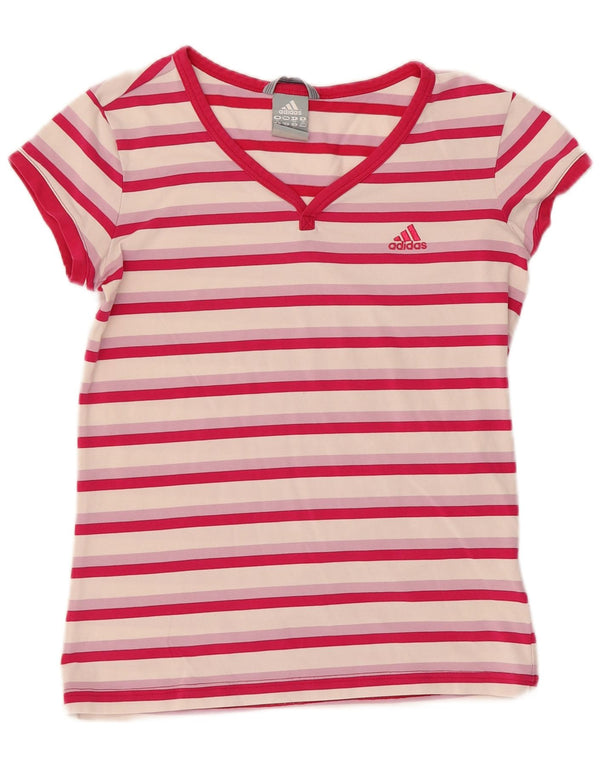 Adidas Climalite T-Shirt Top UK 12 Coton Rayé Rose Moyen