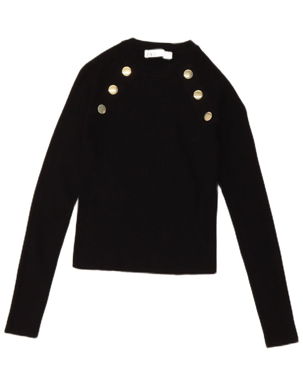 Zara Womens Crop Top Manches Longues UK 14 Large Noir Viscose