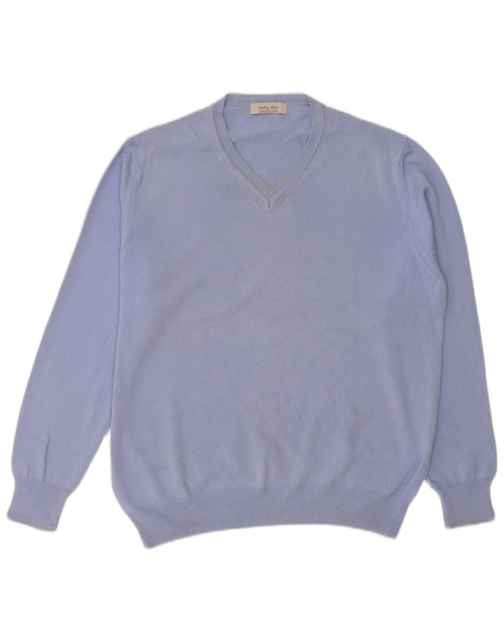 Zara Pull col V pour hommes, grand, bleu