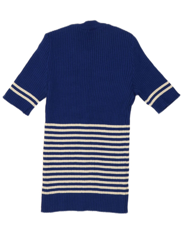 vintage Womens Crew Neck Jumper Pull UK 12 Bleu Moyen Rayé