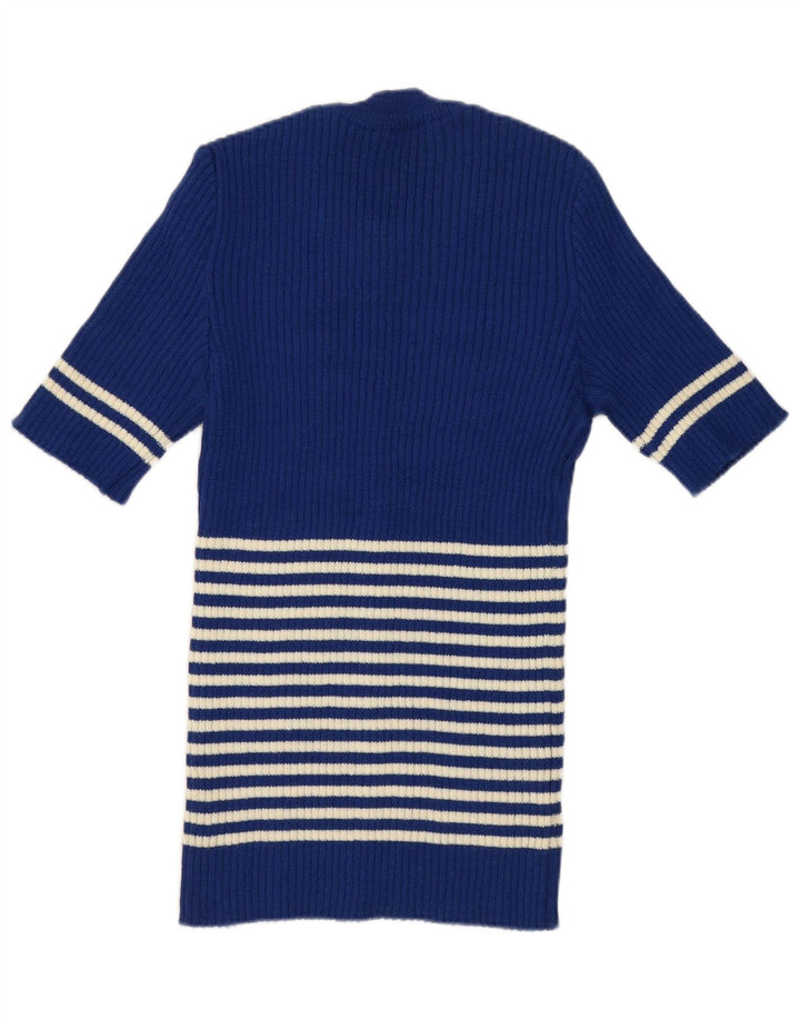 vintage Womens Crew Neck Jumper Pull UK 12 Bleu Moyen Rayé
