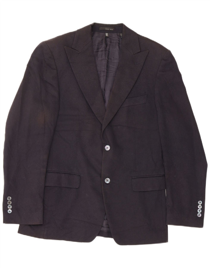 Zara Veste Blazer 2 Boutons Homme EU 48 Bleu Marine Moyen Coton