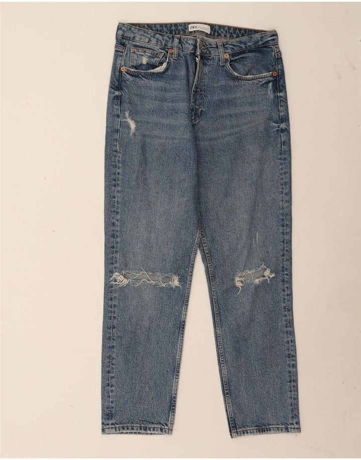 ZARA Jean droit vieilli pour femme EU 42 Large W32 L27 Bleu