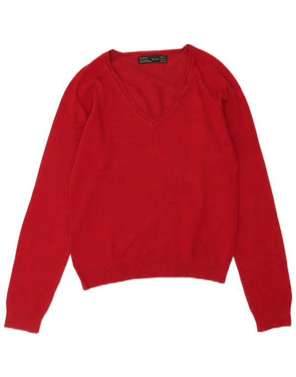 Zara Pull court à col en V pour femme UK 12 en coton bordeaux moyen