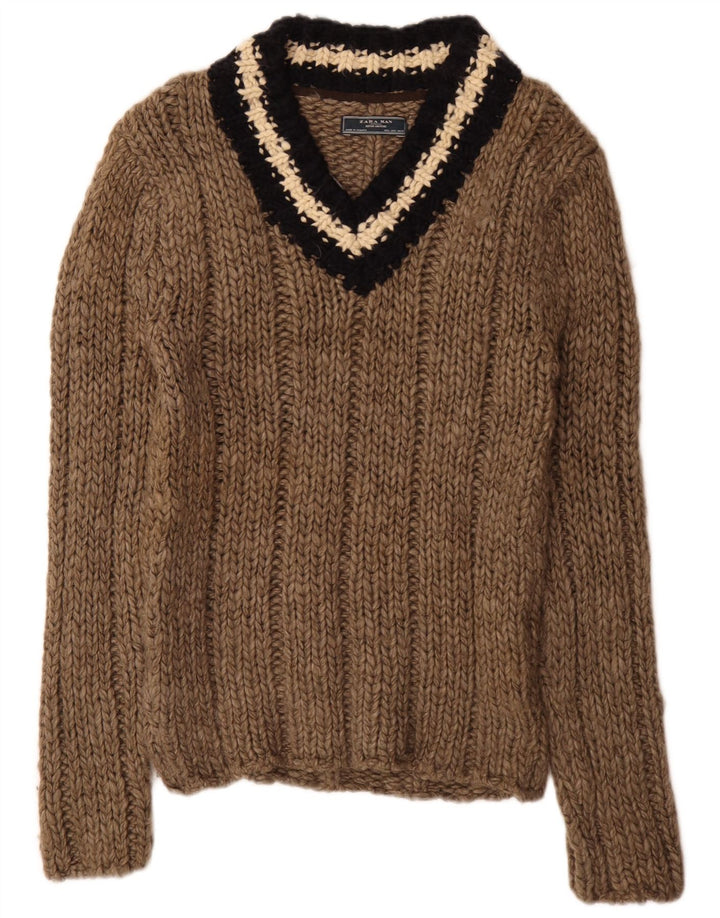 Zara Pull col V pour homme en acrylique rayé marron