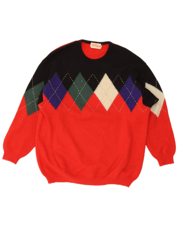 vintage Womens Crew Neck Jumper Sweater UK 14 Grande laine rouge Argyle/Diamond