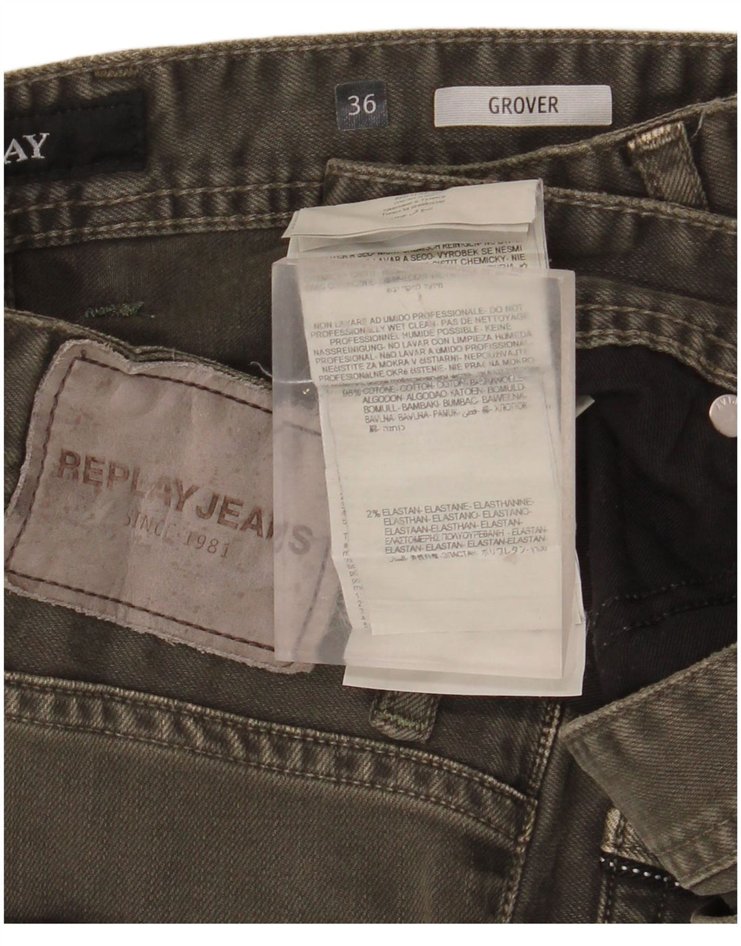 REPLAY Jean Slim Grover Homme W36 L32 Kaki Coton
