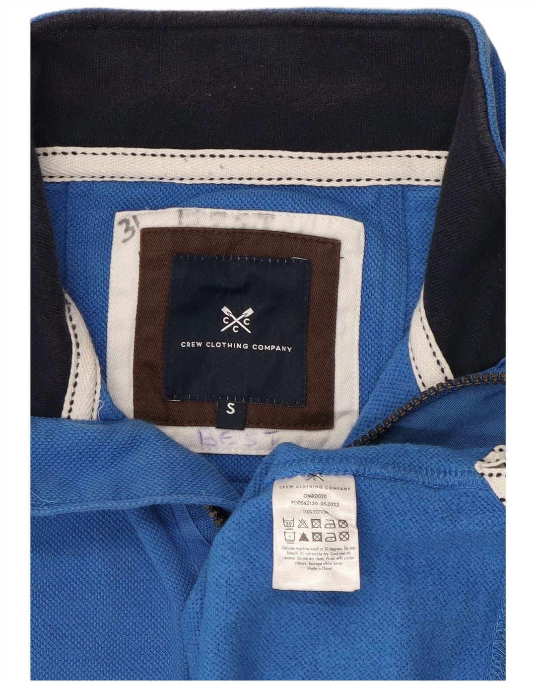 Crew Clothing Sweat-shirt à col zippé pour homme en coton bleu petit