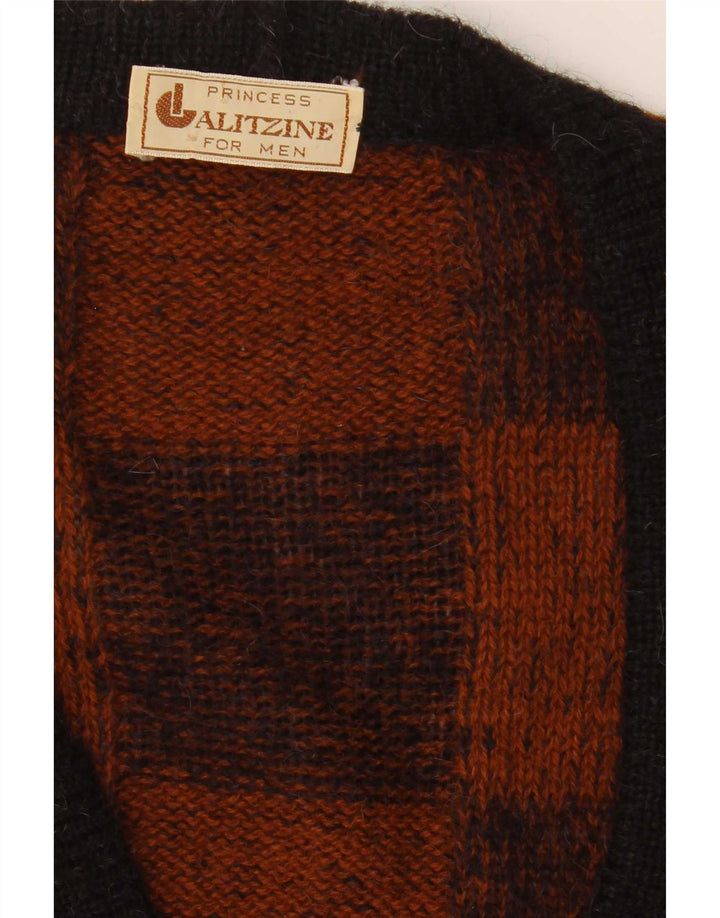 vintage Mens Cardigan Pull Grand Marron Géométrique
