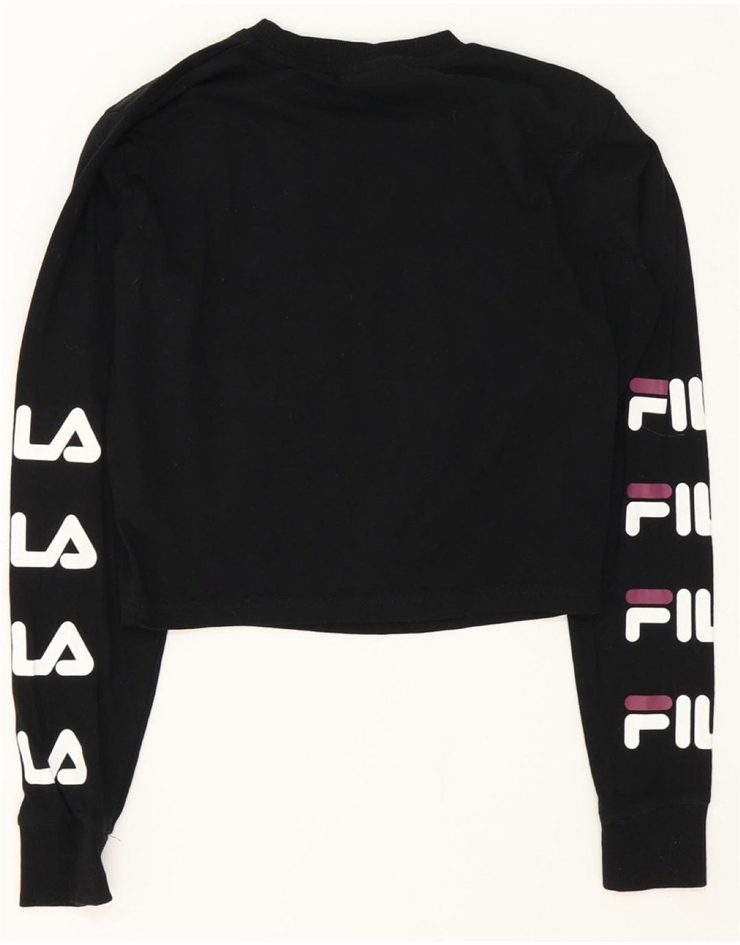 FILA Womens Oversized Crop Graphic Sweatshirt Jumper UK 10 Small Black Vintage Fila and Second-Hand Fila from Messina Hembry 
