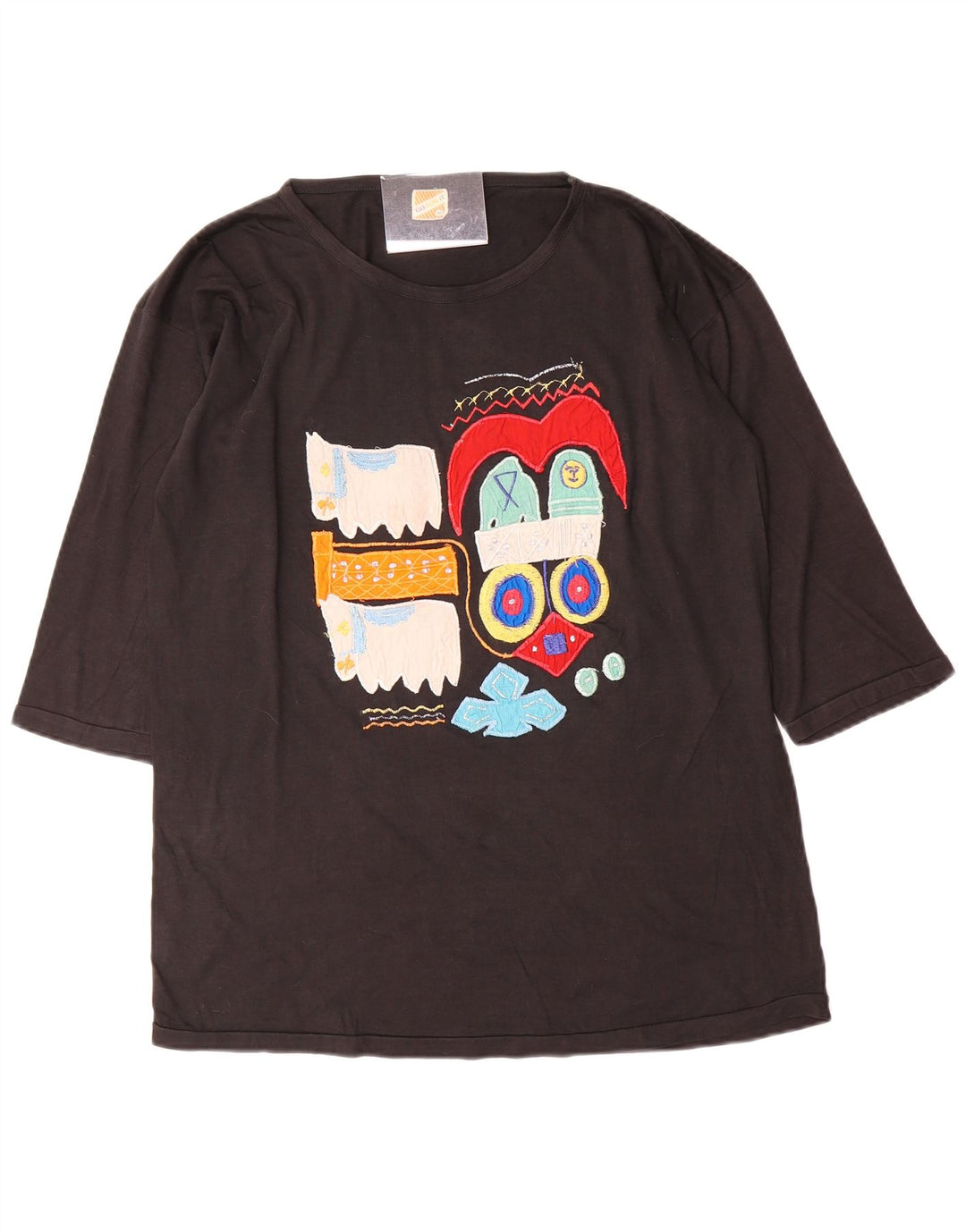 vintage Femmes Graphique Top 3/4 Manches UK 14 Moyen Noir Coton