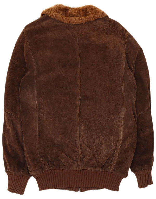vintage Mens Sherpa Suede Bomber Jacket UK 36 Petit Brun
