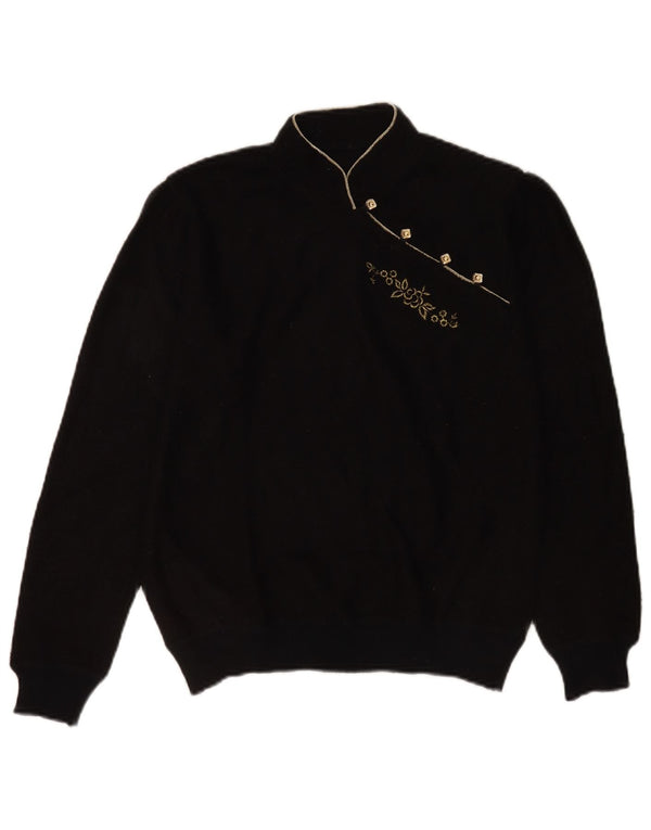 vintage Femmes Turtle Neck Jumper Pull UK 14 Moyen Noir Floral