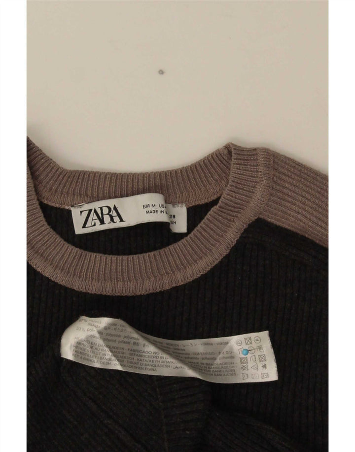 Zara Womens Crop Top Manches Longues UK 12 Gris Moyen Colorblock Viscose