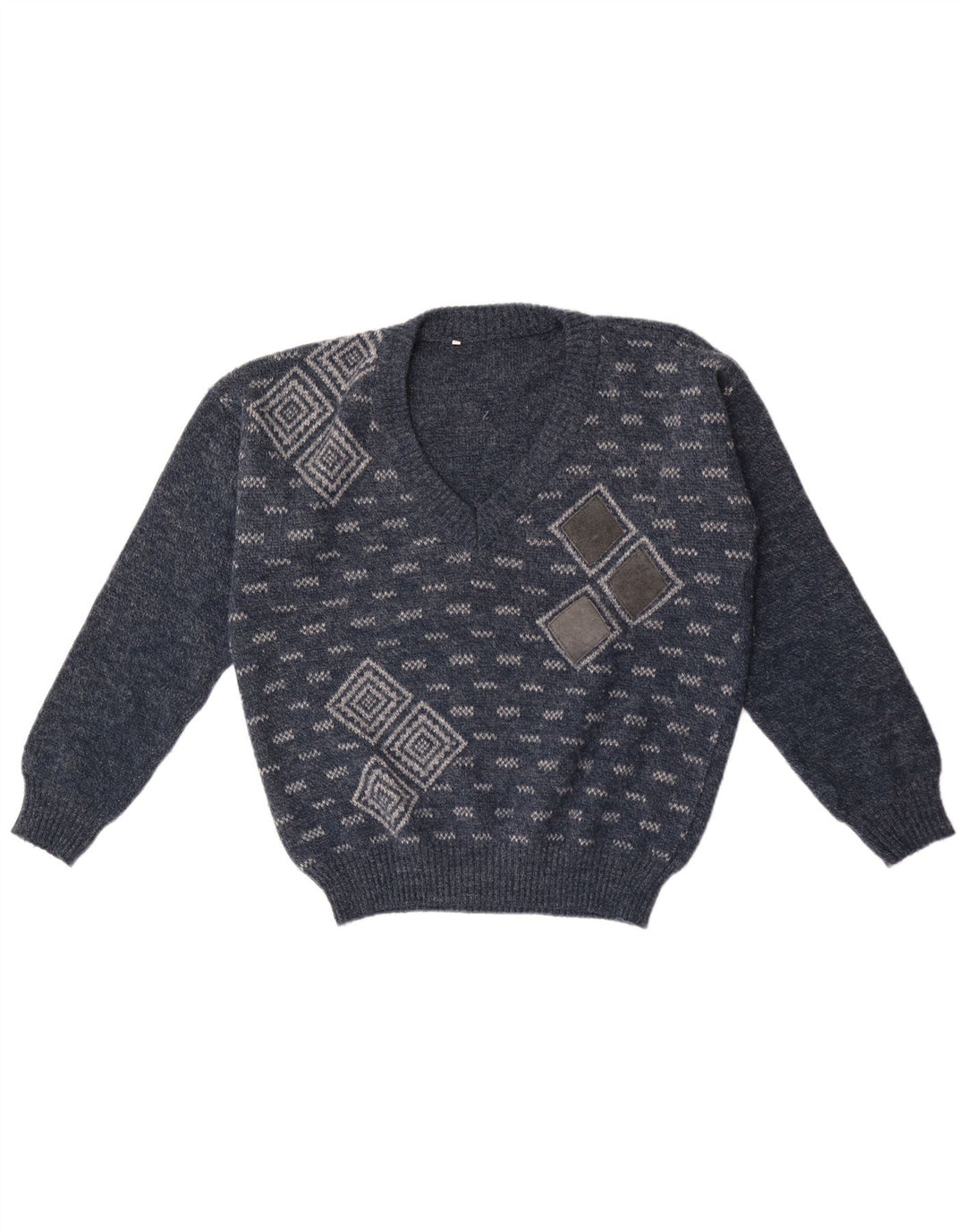 vintage Homme Col V Pull Pull Moyen Bleu Marine Géométrique